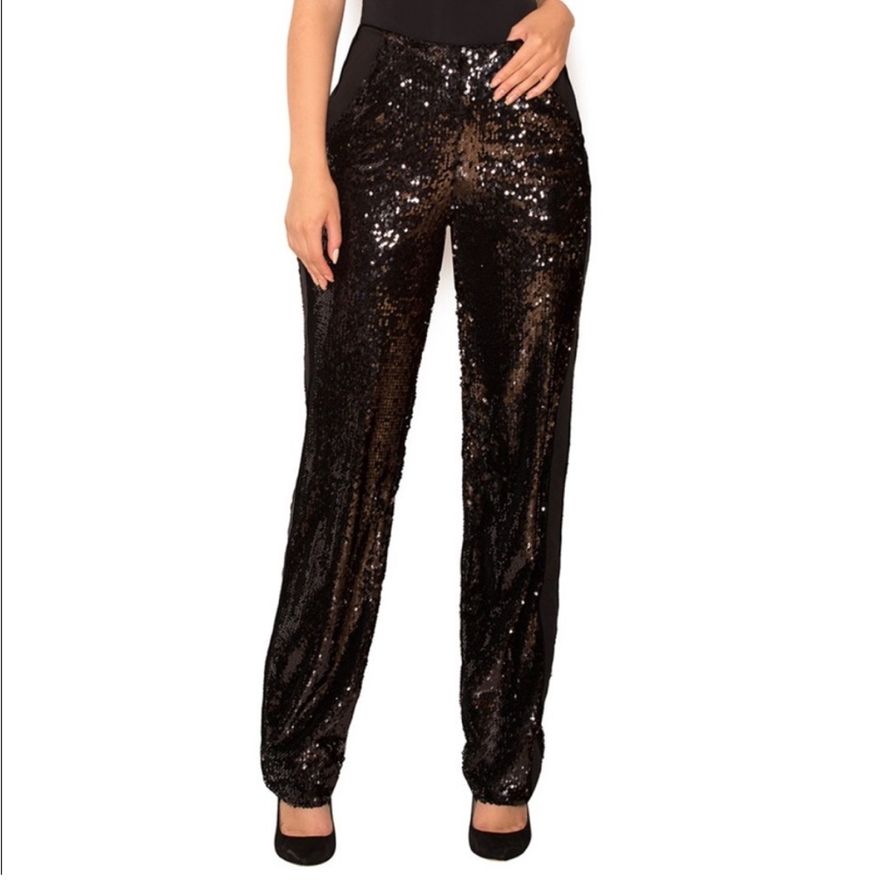 House of CB “Rosario” High Waist Sequin Pants 
Side Stretch Zip Straight Leg